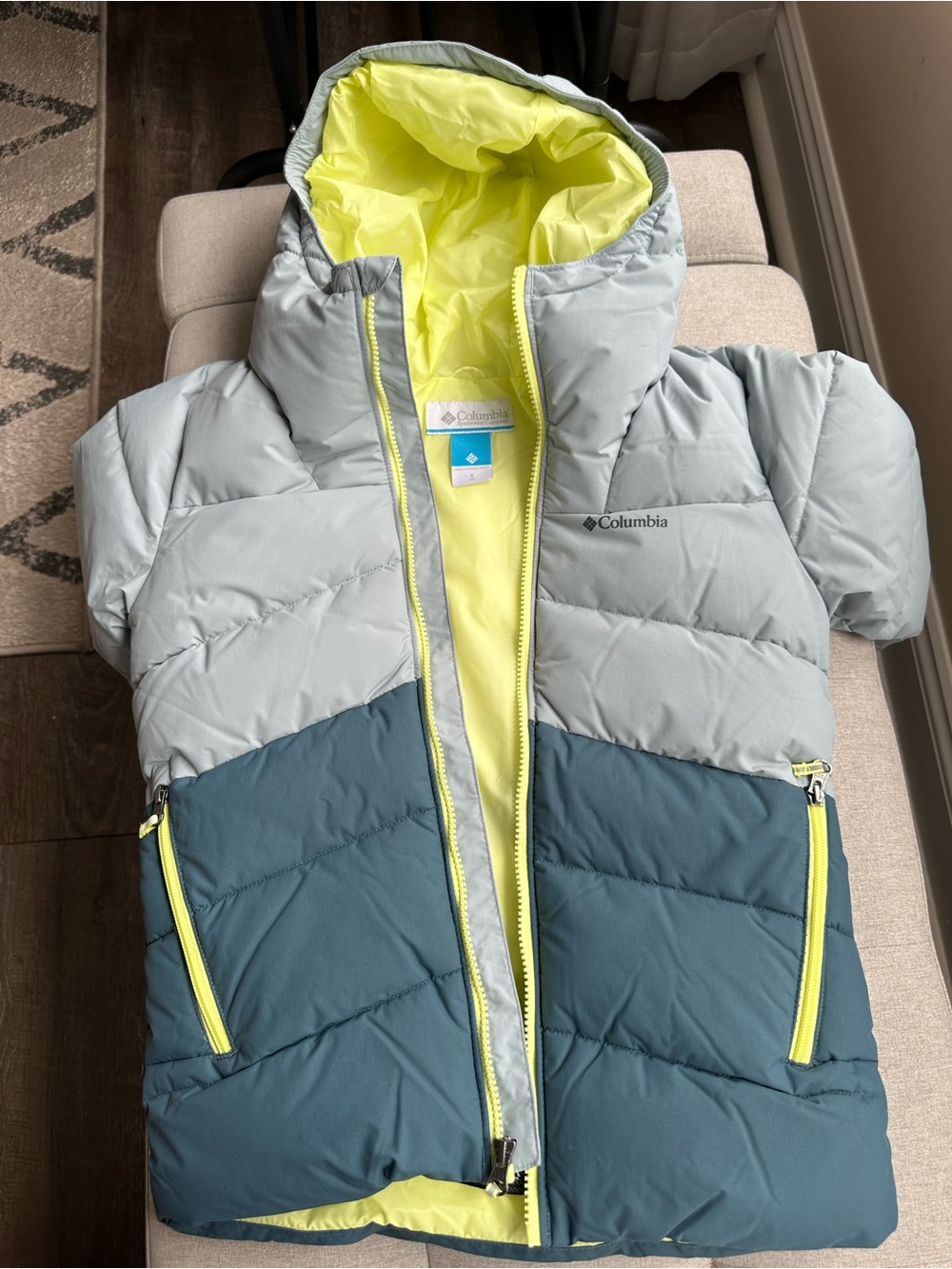 Columbia Kids Puffer Jacket - Light Gray Exterior with Neon Yellow Lining